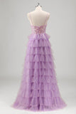 Sparkly A Line Tiered Lilac Sequins Formal Dress with Slit