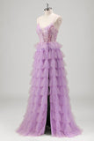 Sparkly A Line Tiered Lilac Sequins Formal Dress with Slit