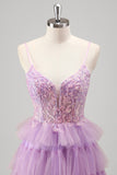 Sparkly A Line Tiered Lilac Sequins Formal Dress with Slit