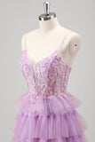 Sparkly A Line Tiered Lilac Sequins Formal Dress with Slit