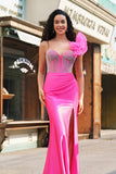 Mermaid Fuchsia One Shoulder Removable Ruffles Long Formal Dress with Slit