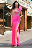 Mermaid Fuchsia One Shoulder Removable Ruffles Long Formal Dress with Slit