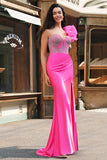 Mermaid Fuchsia One Shoulder Removable Ruffles Long Formal Dress with Slit