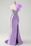 Mermaid Fuchsia One Shoulder Removable Ruffles Long Formal Dress with Slit