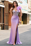 Mermaid Fuchsia One Shoulder Removable Ruffles Long Formal Dress with Slit