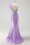 Sparkly Lilac Mermaid Beaded Corset One Shoulder Long Formal Dress with Slit