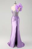 Sparkly Lilac Mermaid Beaded Corset One Shoulder Long Formal Dress with Slit