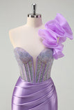 Sparkly Lilac Mermaid Beaded Corset One Shoulder Long Formal Dress with Slit