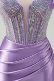 Sparkly Lilac Mermaid Beaded Corset One Shoulder Long Formal Dress with Slit