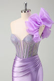 Sparkly Lilac Mermaid Beaded Corset One Shoulder Long Formal Dress with Slit