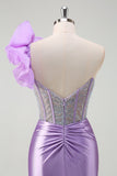 Sparkly Lilac Mermaid Beaded Corset One Shoulder Long Formal Dress with Slit