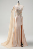 Sparkly Champagne Mermaid One Shoulder Sequin Long Formal Dress with Slit