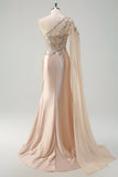 Sparkly Champagne Mermaid One Shoulder Sequin Long Formal Dress with Slit