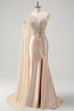 Sparkly Champagne Mermaid One Shoulder Sequin Long Formal Dress with Slit