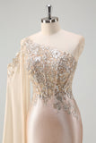 Sparkly Champagne Mermaid One Shoulder Sequin Long Formal Dress with Slit