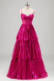 Sparkly A Line Fuchsia Corset Tiered Spaghetti Straps Metallic Formal Dress