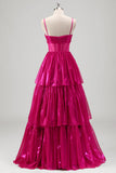 Sparkly A Line Fuchsia Corset Tiered Spaghetti Straps Metallic Formal Dress