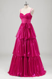 Sparkly A Line Fuchsia Corset Tiered Spaghetti Straps Metallic Formal Dress