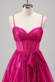 Sparkly A Line Fuchsia Corset Tiered Spaghetti Straps Metallic Formal Dress