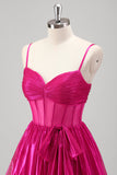 Sparkly A Line Fuchsia Corset Tiered Spaghetti Straps Metallic Formal Dress