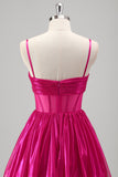 Sparkly A Line Fuchsia Corset Tiered Spaghetti Straps Metallic Formal Dress