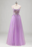 Sparkly Beaded Lilac Floral Appliques Corset Formal Dress