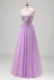 Sparkly Beaded Lilac Floral Appliques Corset Formal Dress