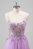 Sparkly Beaded Lilac Floral Appliques Corset Formal Dress