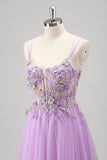 Sparkly Beaded Lilac Floral Appliques Corset Formal Dress