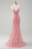 Sparkly Pink Mermaid Spaghetti Straps Sequin Long Formal Dress with Feathers