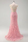 Sparkly Pink Mermaid Spaghetti Straps Sequin Long Formal Dress with Feathers