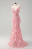 Sparkly Pink Mermaid Spaghetti Straps Sequin Long Formal Dress with Feathers