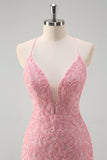 Sparkly Pink Mermaid Spaghetti Straps Sequin Long Formal Dress with Feathers