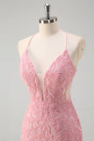 Sparkly Pink Mermaid Spaghetti Straps Sequin Long Formal Dress with Feathers