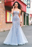 Light Blue Floral Beaded Mermaid Spaghetti Straps Tulle Formal Dress