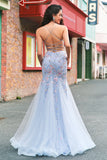 Light Blue Floral Beaded Mermaid Spaghetti Straps Tulle Formal Dress