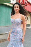 Light Blue Floral Beaded Mermaid Spaghetti Straps Tulle Formal Dress