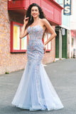 Light Blue Floral Beaded Mermaid Spaghetti Straps Tulle Formal Dress