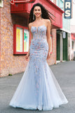 Light Blue Floral Beaded Mermaid Spaghetti Straps Tulle Formal Dress