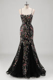 Black Floral Beaded Mermaid Spaghetti Straps Tulle Formal Dress