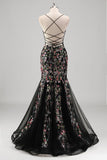 Black Floral Beaded Mermaid Spaghetti Straps Tulle Formal Dress