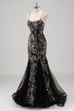 Black Floral Beaded Mermaid Spaghetti Straps Tulle Formal Dress