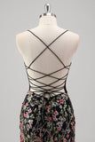 Black Floral Beaded Mermaid Spaghetti Straps Tulle Formal Dress