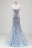 Light Blue Floral Beaded Mermaid Spaghetti Straps Tulle Formal Dress