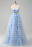 Blue A-Line Sweetheart Keyhole Corset Tiered Mirrors Ruffle Long Formal Dress