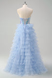 Blue A-Line Sweetheart Keyhole Corset Tiered Mirrors Long Formal Dress