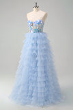 Blue A-Line Sweetheart Keyhole Corset Tiered Mirrors Long Formal Dress