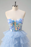 Blue A-Line Sweetheart Keyhole Corset Tiered Mirrors Long Formal Dress