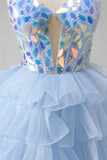 Blue A-Line Sweetheart Keyhole Corset Tiered Mirrors Long Formal Dress