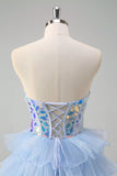 Blue A-Line Sweetheart Keyhole Corset Tiered Mirrors Ruffle Long Formal Dress